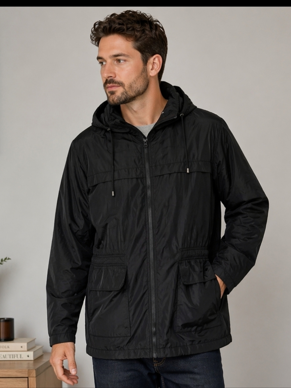 Lomon Men’s Black Lightweight Hooded Parka Jacket XXL Full Zip Windbreaker Coat